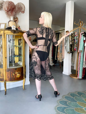 1920's Embroidered Black Sheer Mixed-Lace Beaded Art Deco Motif Dress
