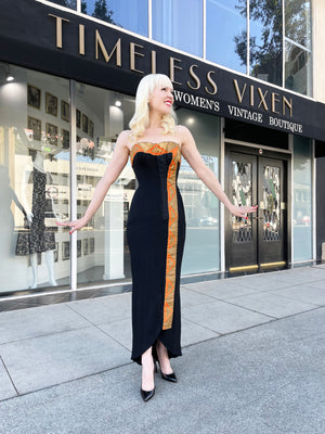 1950's Yma Sumac Custom Couture Black & Orange Silk Hourglass Gown Ensemble
