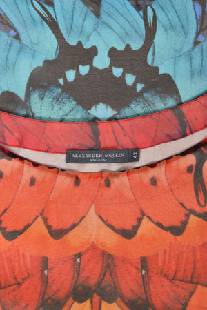 2008 Alexander McQueen Documented Rainbow Butterfly Print Silk Belted Cape Dress