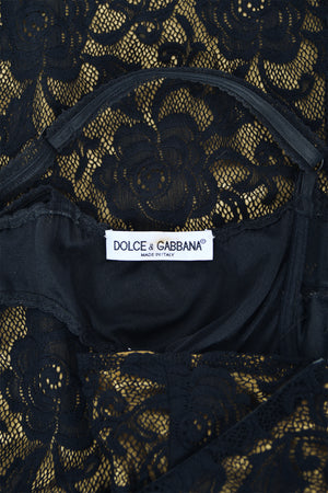 1997 Dolce & Gabbana Sheer Black Stretch Lace Built-In Bra Slip Gown