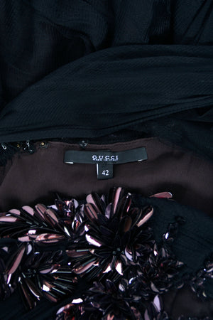 2012 Gucci Runway Editorial Heavily Embellished Sequin Sheer Black Pleated Tulle Gown