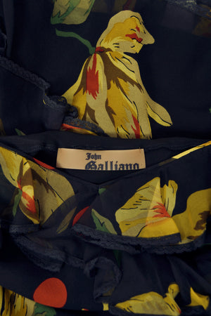 2004 John Galliano Large Scale Deco Floral Chiffon & Lace Bias-Cut Slip Dress