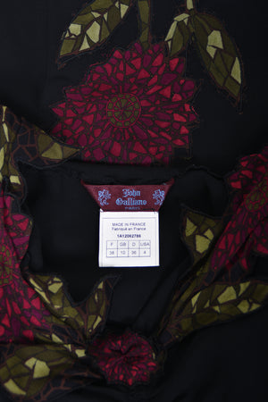 2001 John Galliano Red Chrysanthemum Floral Appliqué Black Silk Chiffon Bias-Cut Gown