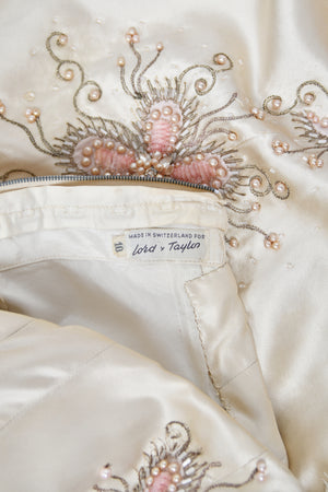 1950's Beaded Embroidered Cream & Pale Pink Satin Strapless Couture Ballgown