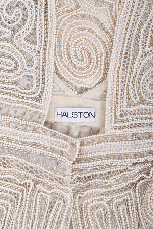 1970's Halston Couture Ivory Beaded Sheer Lace Backless Halter Wrap Gown