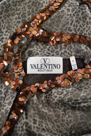 1998 Valentino Runway Semi-Sheer Leopard Print Shimmer Silk Beaded Slip Gown