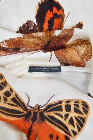 2007 Alexander McQueen Butterfly Motif Silk Asymmetric Billow Sleeve Bias-Cut Gown