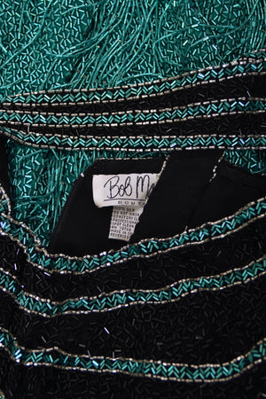 1990 Bob Mackie Teal-Green & Black Beaded Fringe Backless Cocktail Dress