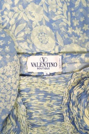 1995 Valentino Runway Periwinkle & Yellow Floral Print Silk Ruched Strapless Draped Gown