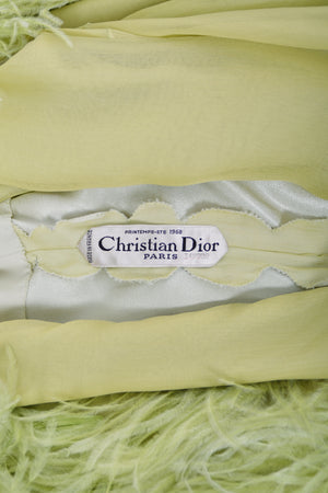 1968 Christian Dior Haute Couture Maria Felix Owned Chartreuse Silk Feather Gown