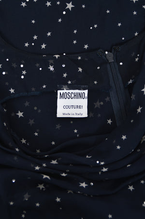 1998 Moschino Runway Navy Blue Sheer Silk Chiffon Star Motif Rhinestone Maxi Slip Dress