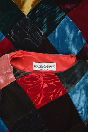 1994 Dolce & Gabbana Editorial Runway Multicolored Patchwork Velvet Gown