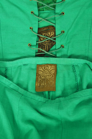1976 Biba Emerald Green Cotton Lace-Up Corset Top & Matching Maxi Skirt