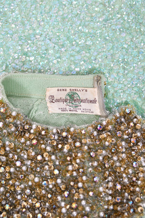 1960's Gene Shelly Seafoam Fully- Sequin Stretch Knit Beaded Collar Hourglass Gown