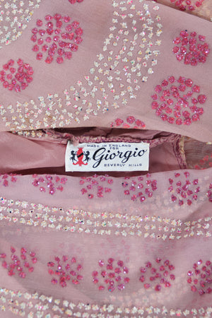 1974 Thea Porter Couture Sparkling Pink Glitter Silk Angel Sleeve Wrap Gown