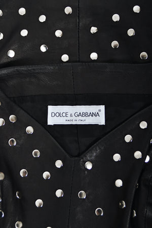 1991 Dolce & Gabbana Documented Runway Studded Black Leather Mini Dress