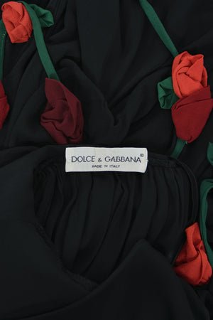 1990 Dolce & Gabbana Black Silk Chiffon Red-Roses Floral Appliqué Dress