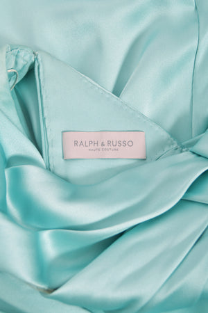 2017 Ralph & Russo Haute Couture Runway Aqua Blue Satin Cut-Out Draped High Slit Gown