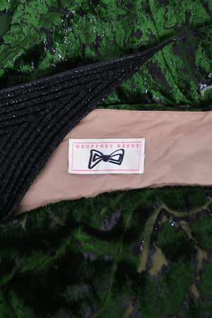 1990 Geoffrey Beene Couture 'Green Leaves' Sheer Devoré Velvet One-Sleeve Hourglass Gown