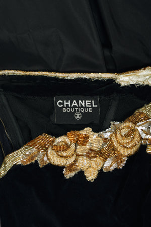 1985 Chanel Documented Runway Metallic Beaded Gold Lamé & Black Silk Strapless Gown