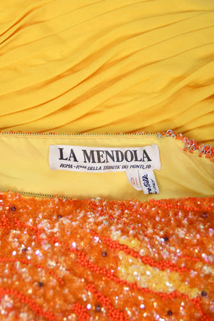 1968 La Mendola Heavily Pleated Yellow Silk-Jersey Beaded Glamour Gown