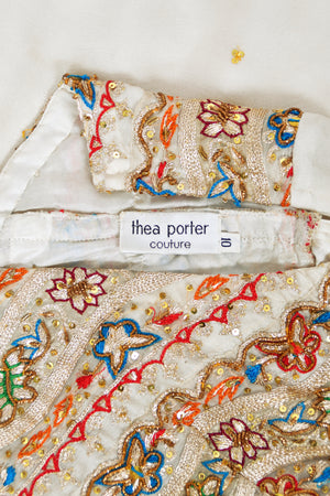 1979 Thea Porter Couture Metallic Gold Embroidered Ivory Silk-Chiffon Halter Gown