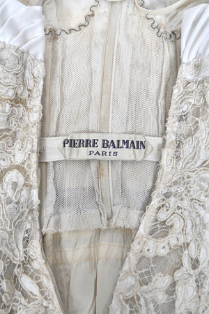 1956 Pierre Balmain Haute Couture Ivory French Lace Strapless Bustier Full-Skirt Dress