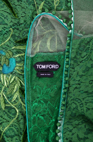 2011 Tom Ford Emerald Green Embroidered Sheer Tulle Lace Velvet-Bra Trained Editorial Gown