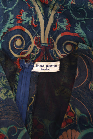 1971 Thea Porter Couture Green Art Nouveau Motif Silk Billow-Sleeve Maxi Dress
