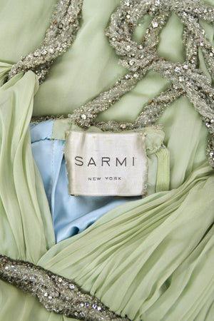 1965 Sarmi Couture Seafoam Green Jeweled Silk Chiffon Empire Plunge Grecian Gown