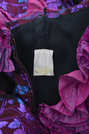 1989 Nina Ricci Haute Couture Metallic Fuchsia Silk Brocade Strapless Skirted Dress