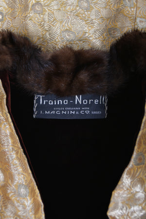 1949 Traina-Norell Couture Vogue Documented Metallic Gold Silk & Mink Swing Coat
