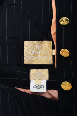 1994 Vivienne Westwood Pinstripe Wool Jacket & High-Low Trained Skirt Ensemble