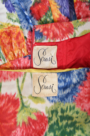1958 Arnold Scaasi Couture Colorful Floral Silk Strapless Dress & Swing Jacket