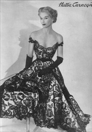 1950’s Hattie Carnegie Couture Large-Scale Black Floral Chenille Lace Full Skirted High-Low Gown