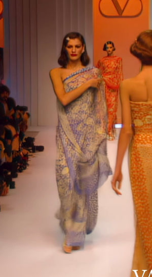 1995 Valentino Runway Periwinkle & Yellow Floral Print Silk Ruched Strapless Draped Gown