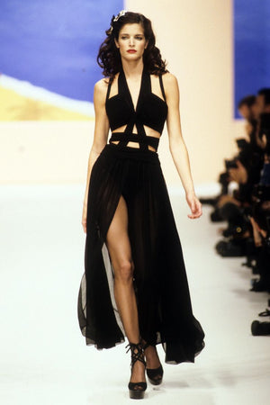 1995 Chanel by Karl Lagerfeld Iconic Runway Campaign Black Cut-Out High Slit Maxi Dress