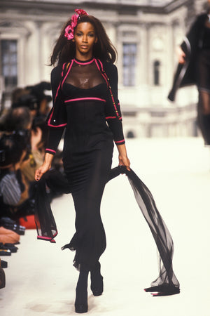 1994 Chanel by Karl Lagerfeld Black Sheer Silk Chiffon Pink Cashmere Trimmed Maxi Dress w/ Shawl