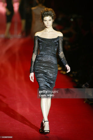 2004 Tom Ford for Yves Saint Laurent Runway Sheer Black Boned Off-Shoulder Hourglass Dress