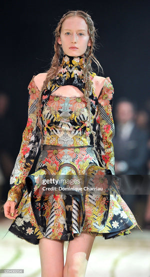 2011 Alexander McQueen 'Folklore Fin' Floral Stripe Print Draped Bias-Cut Gown w/ Shawl