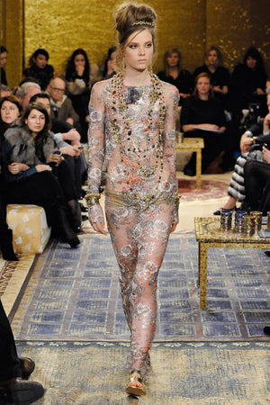 Iconic 2011 Chanel Runway Vogue Rihanna Editorial Sheer Metallic Lace Gown