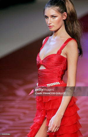 2005 Valentino Runway Iconic Red Ruched Silk Cut-Out Tiered Ruffle Gown