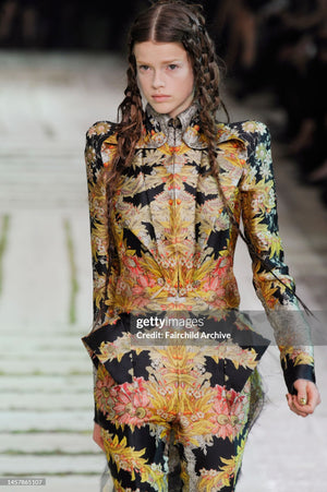 2011 Alexander McQueen 'Folklore Fin' Floral Stripe Print Draped Bias-Cut Gown w/ Shawl