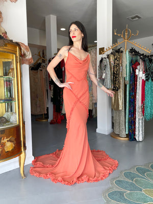 2008 John Galliano Coral Pink Silk Bias-Cut Scalloped Train Backless Gown