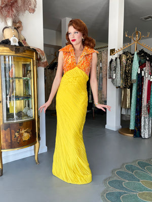 1968 La Mendola Heavily Pleated Yellow Silk-Jersey Beaded Glamour Gown