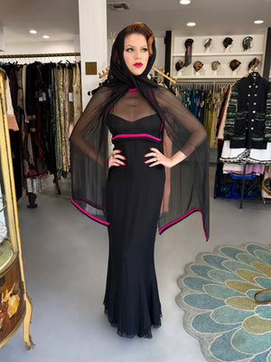 1994 Chanel by Karl Lagerfeld Black Sheer Silk Chiffon Pink Cashmere Trimmed Maxi Dress w/ Shawl