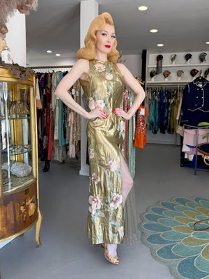 1997 Valentino Runway Metallic Gold Beaded Embroidered Floral Lamé Silk High Slit Column Gown