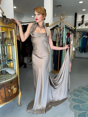 2014 Ralph Lauren Purple Label Platinum Silk Bias-Cut 'Old Hollywood' Gown w/ Optional Hood