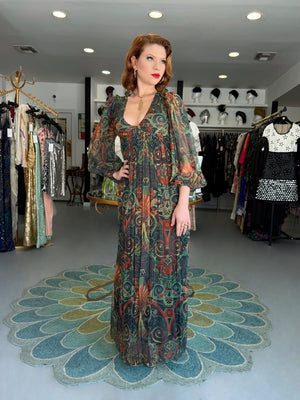 1971 Thea Porter Couture Green Art Nouveau Motif Silk Billow-Sleeve Maxi Dress