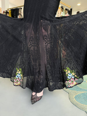 2003 John Galliano Embroidered Floral Sheer Black Pointelle Stretch Knit Bias-Cut Gown